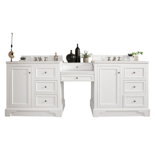 James Martin Vanities De Soto 94" Bright White Double Vanity Set With Makeup Table, 3cm White Zeus Quartz Top