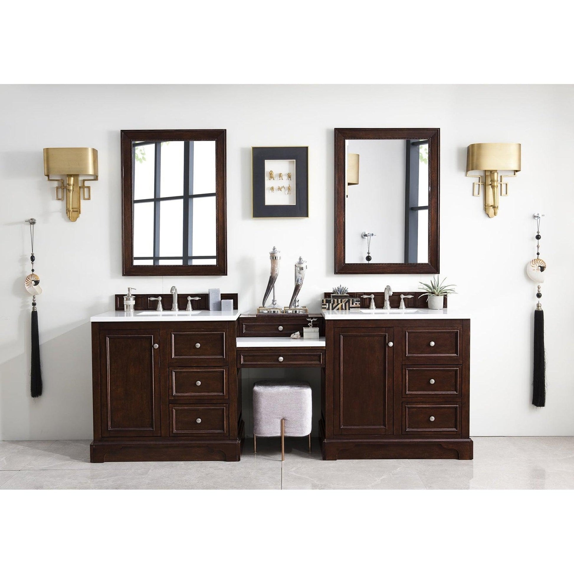 James Martin Vanities De Soto 94" Burnished Mahogany Double Vanity Set With Makeup Table, 3cm Arctic Fall Solid Surface Top