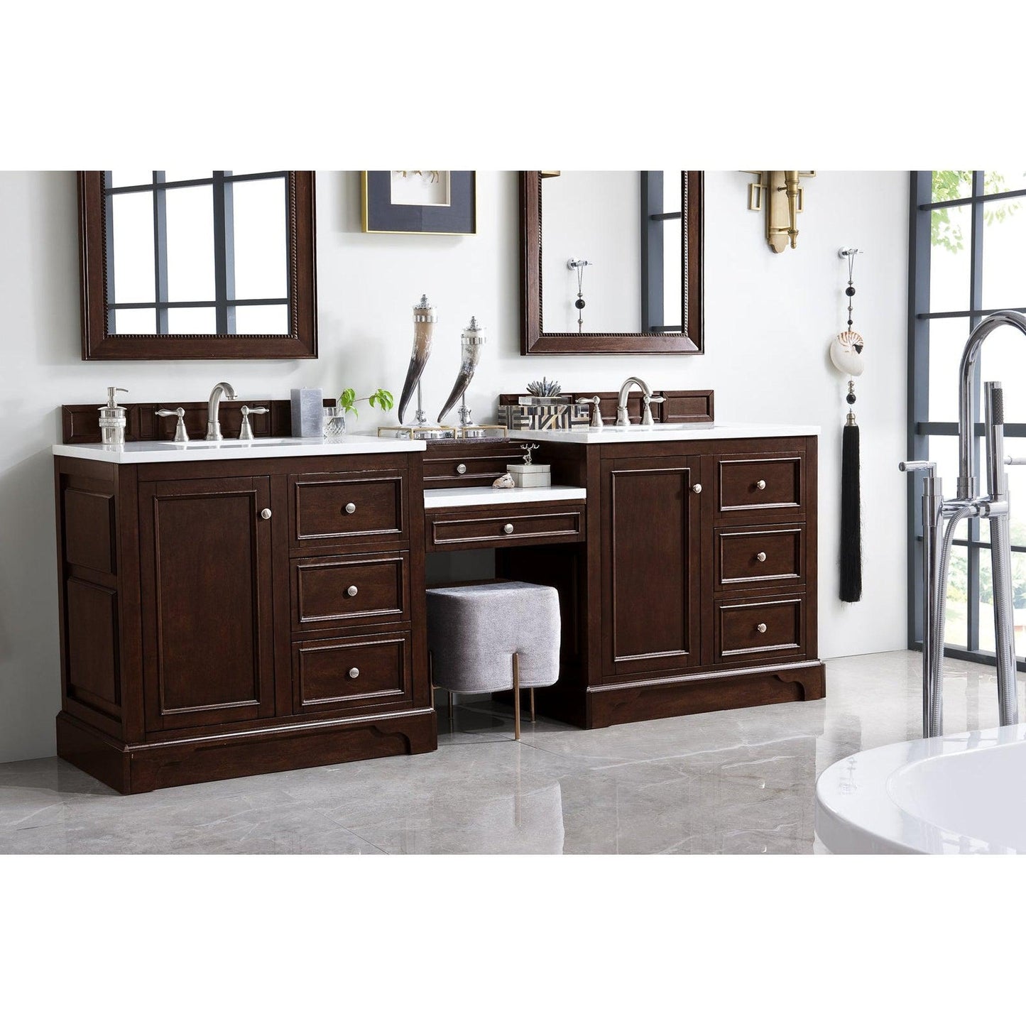 James Martin Vanities De Soto 94" Burnished Mahogany Double Vanity Set With Makeup Table, 3cm Arctic Fall Solid Surface Top