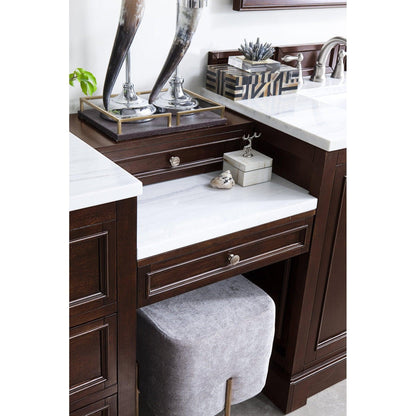 James Martin Vanities De Soto 94" Burnished Mahogany Double Vanity Set With Makeup Table, 3cm Arctic Fall Solid Surface Top