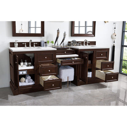 James Martin Vanities De Soto 94" Burnished Mahogany Double Vanity Set With Makeup Table, 3cm Arctic Fall Solid Surface Top