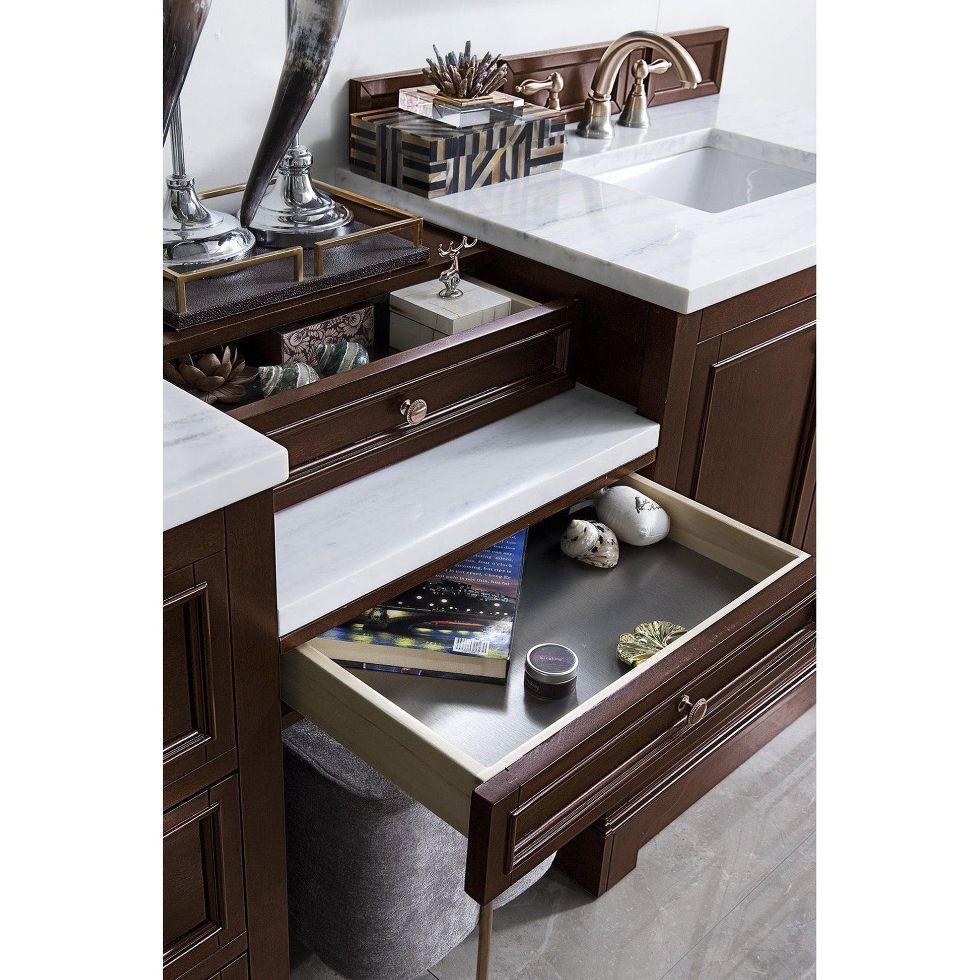 James Martin Vanities De Soto 94" Burnished Mahogany Double Vanity Set With Makeup Table, 3cm Arctic Fall Solid Surface Top
