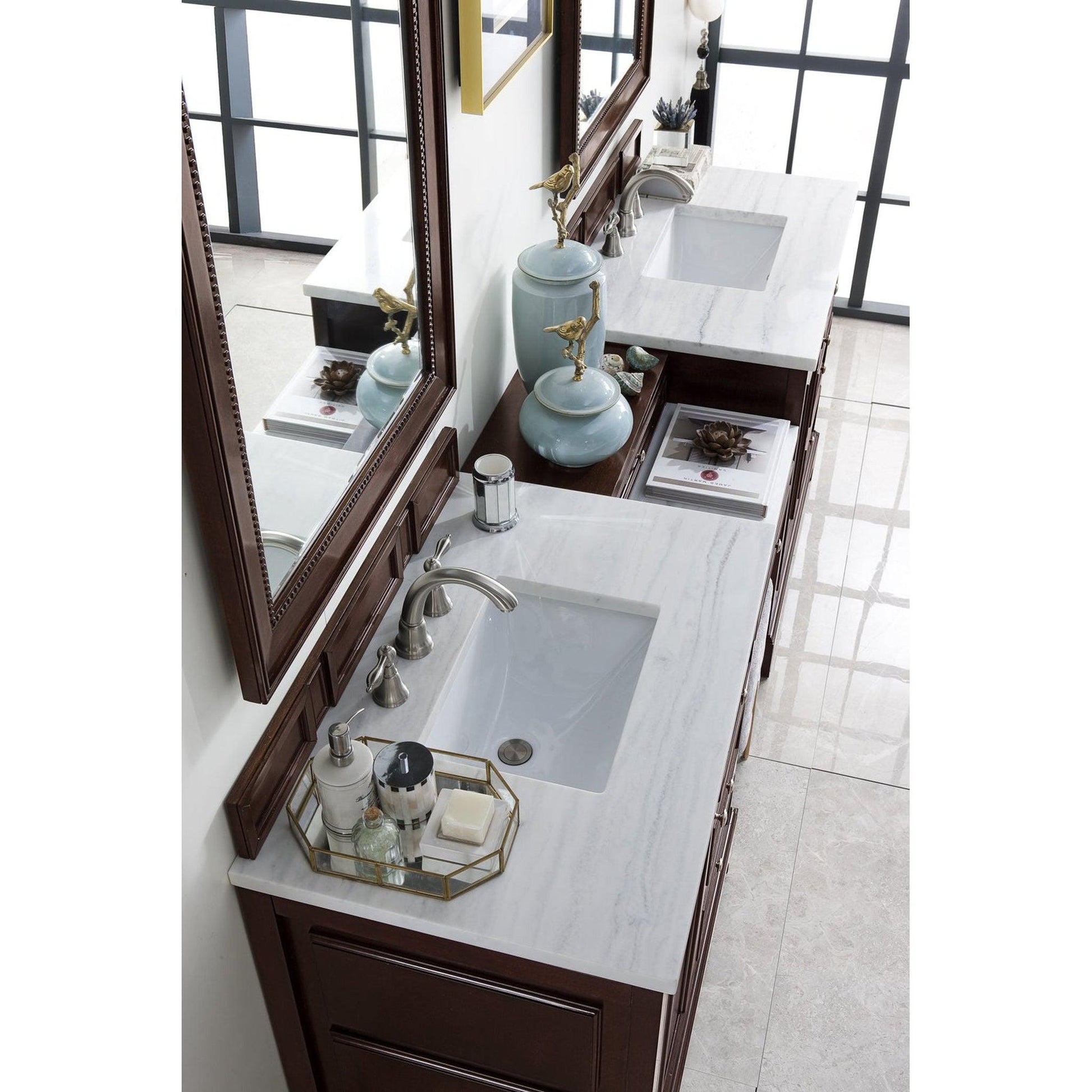 James Martin Vanities De Soto 94" Burnished Mahogany Double Vanity Set With Makeup Table, 3cm Arctic Fall Solid Surface Top