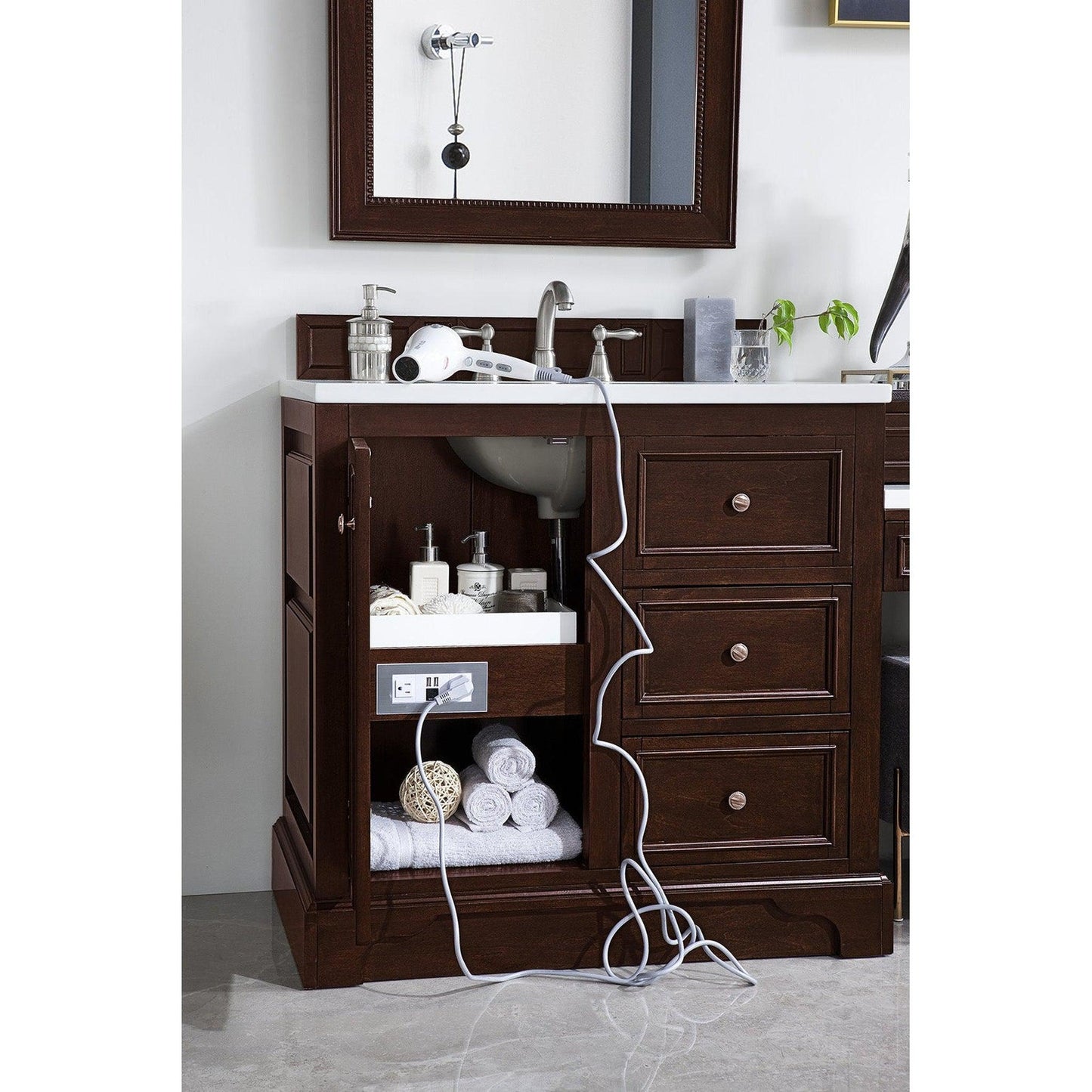 James Martin Vanities De Soto 94" Burnished Mahogany Double Vanity Set With Makeup Table, 3cm Arctic Fall Solid Surface Top