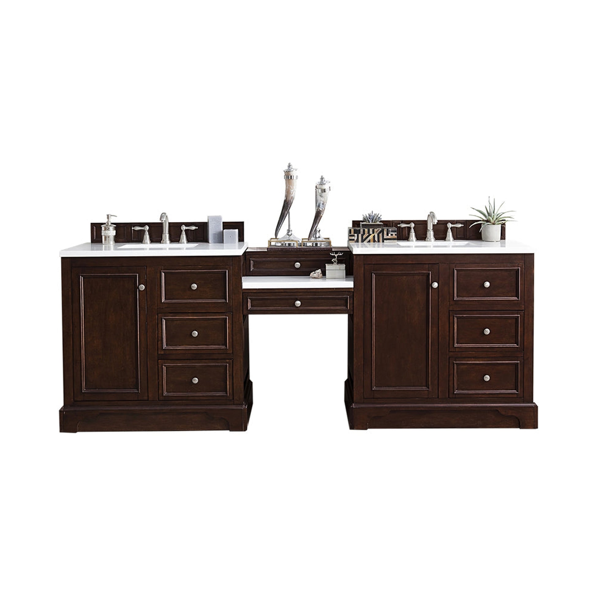 James Martin Vanities De Soto 94" Burnished Mahogany Double Vanity Set With Makeup Table, 3cm Arctic Fall Solid Surface Top