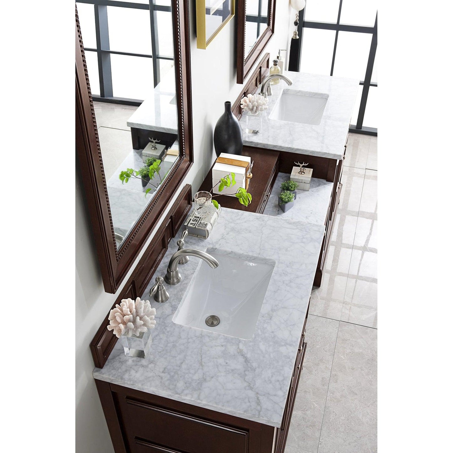 James Martin Vanities De Soto 94" Burnished Mahogany Double Vanity Set With Makeup Table, 3cm Carrara Marble Top