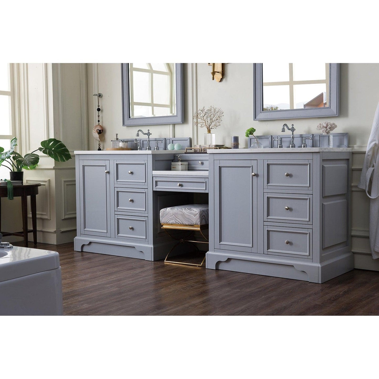 James Martin Vanities De Soto 94" Silver Gray Double Vanity Set With Makeup Table, 3cm Arctic Fall Solid Surface Top