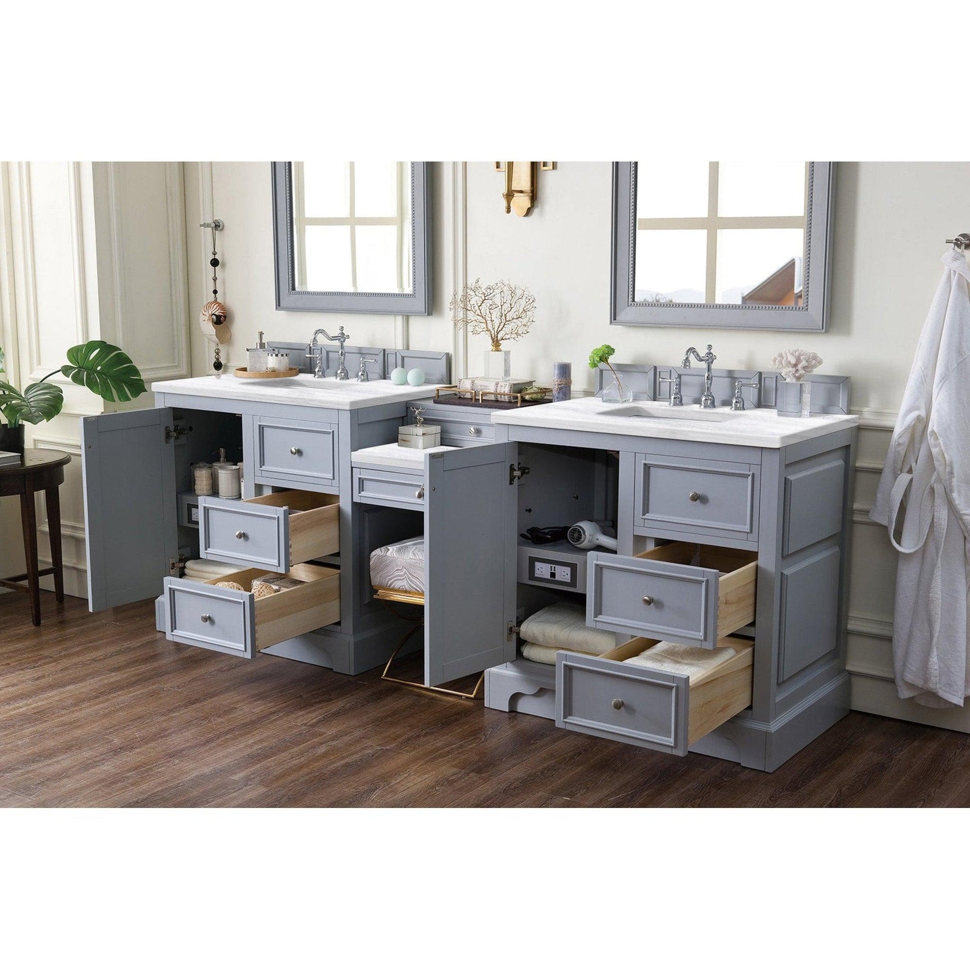 James Martin Vanities De Soto 94" Silver Gray Double Vanity Set With Makeup Table, 3cm Arctic Fall Solid Surface Top