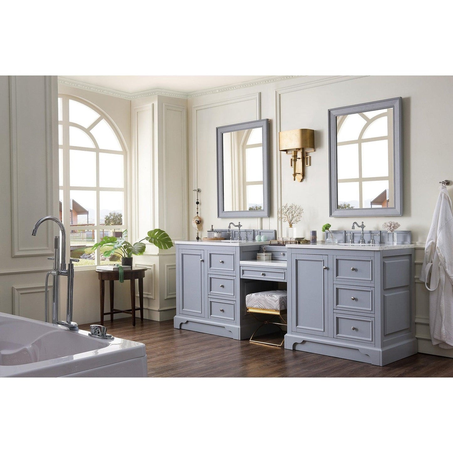 James Martin Vanities De Soto 94" Silver Gray Double Vanity Set With Makeup Table, 3cm Arctic Fall Solid Surface Top