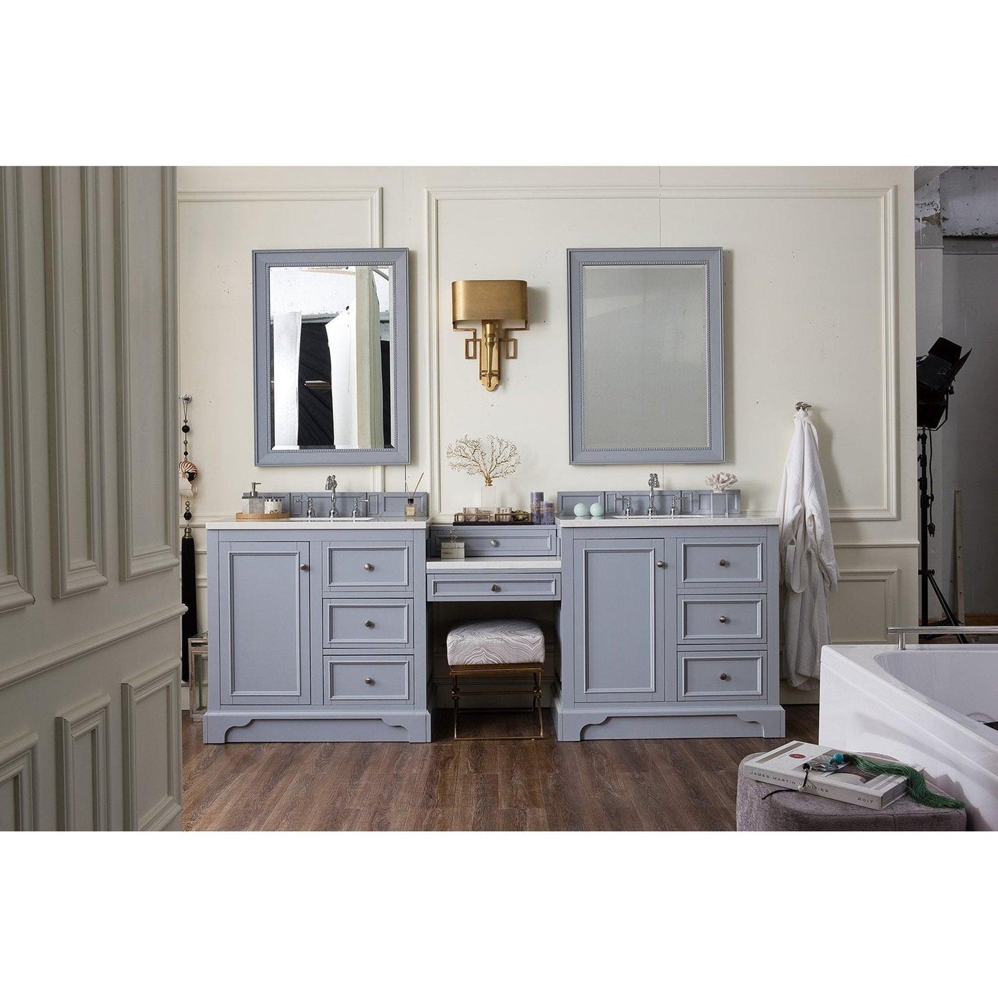 James Martin Vanities De Soto 94" Silver Gray Double Vanity Set With Makeup Table, 3cm White Zeus Quartz Top