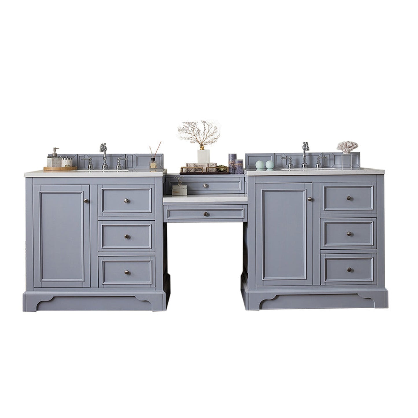 James Martin Vanities De Soto 94" Silver Gray Double Vanity Set With Makeup Table, 3cm White Zeus Quartz Top