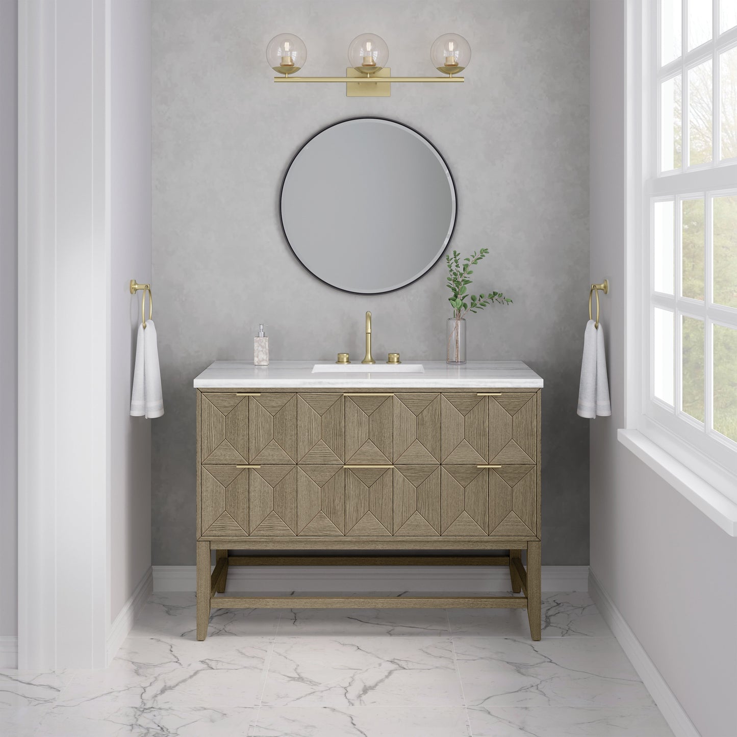 James Martin Vanities Emmeline 48" Pebble Oak Single Vanity With 3 cm Arctic Fall Solid Surface Top