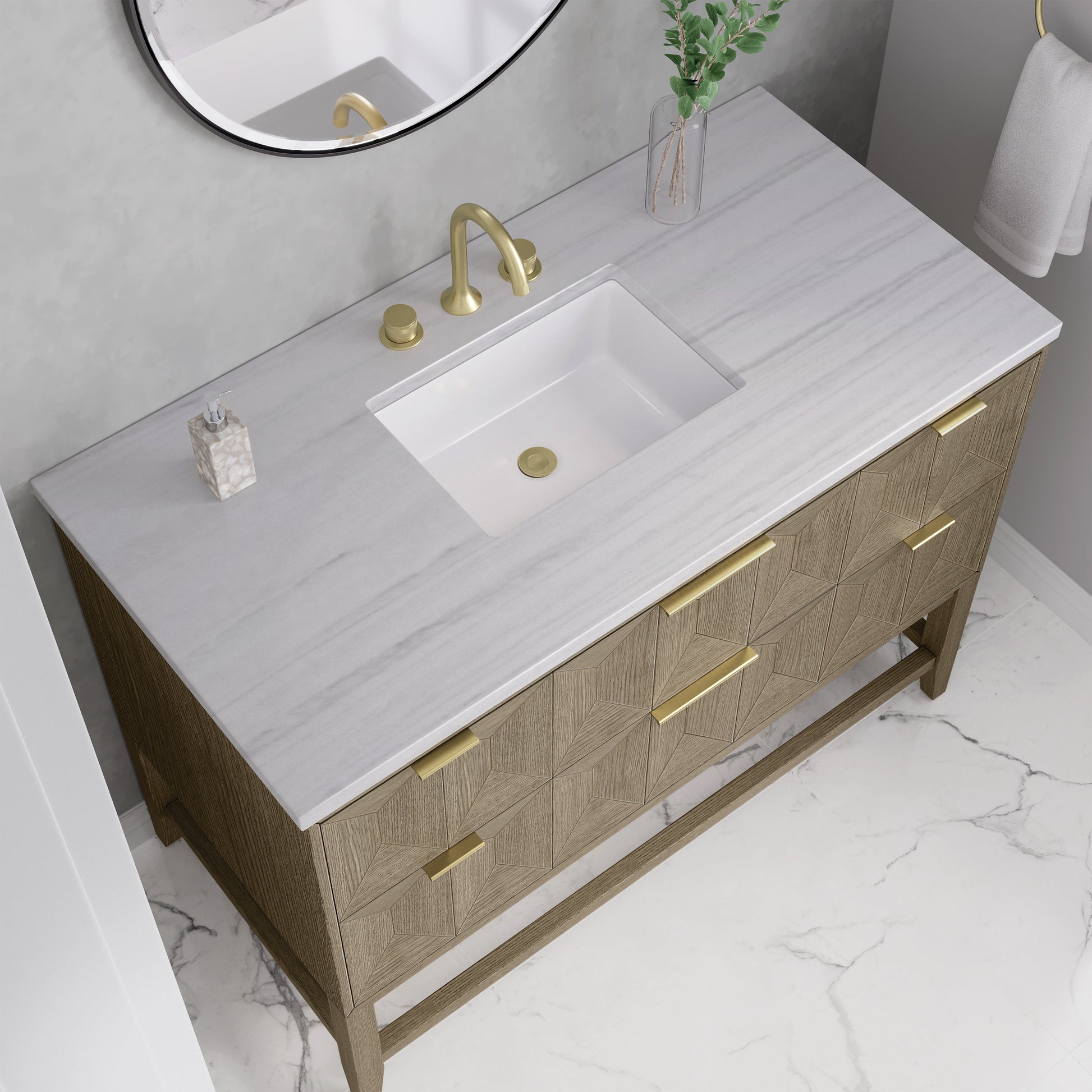 James Martin Vanities Emmeline 48" Pebble Oak Single Vanity With 3 cm Arctic Fall Solid Surface Top