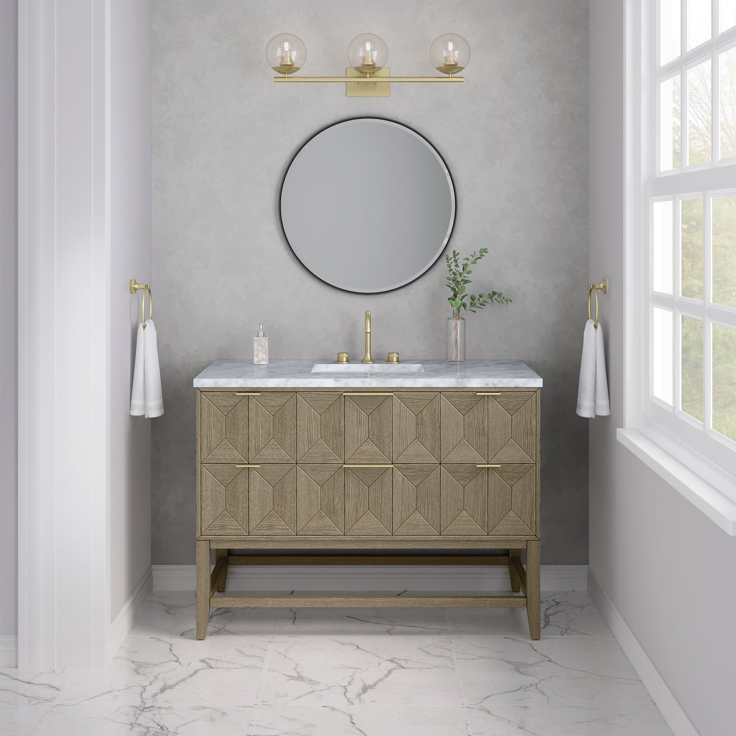 James Martin Vanities Emmeline 48" Pebble Oak Single Vanity With 3 cm Carrara White Marble Top