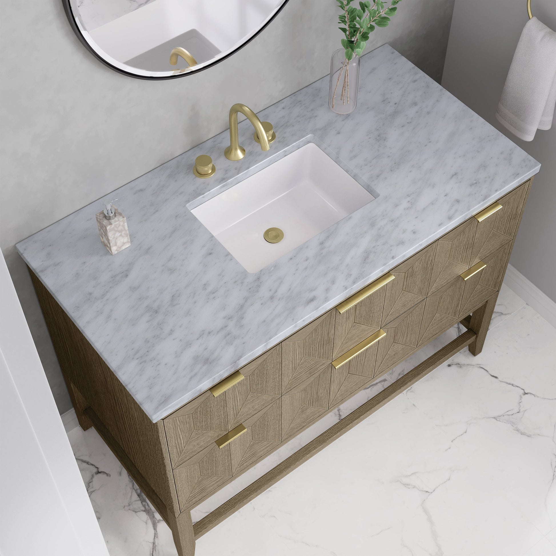 James Martin Vanities Emmeline 48" Pebble Oak Single Vanity With 3 cm Carrara White Marble Top