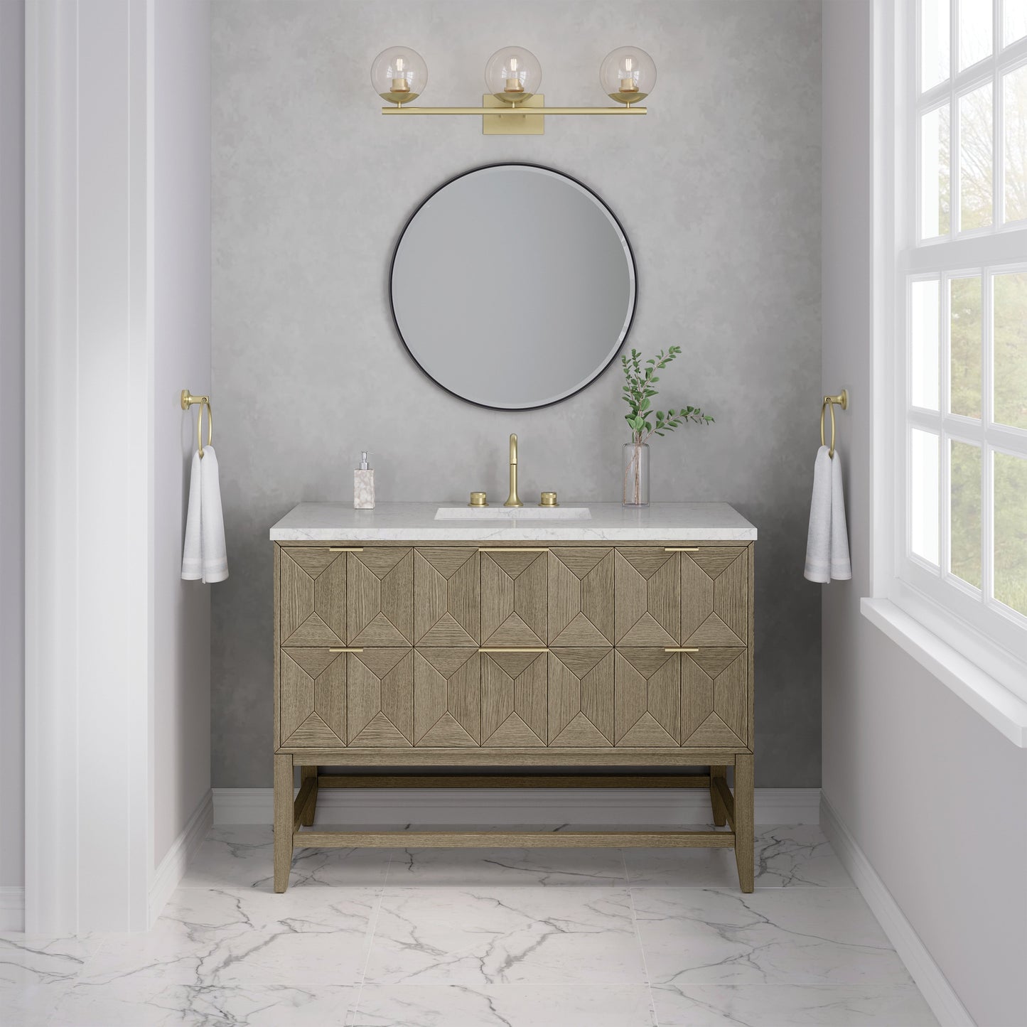 James Martin Vanities Emmeline 48" Pebble Oak Single Vanity With 3 cm Eternal Jasmine Pearl Quartz Top