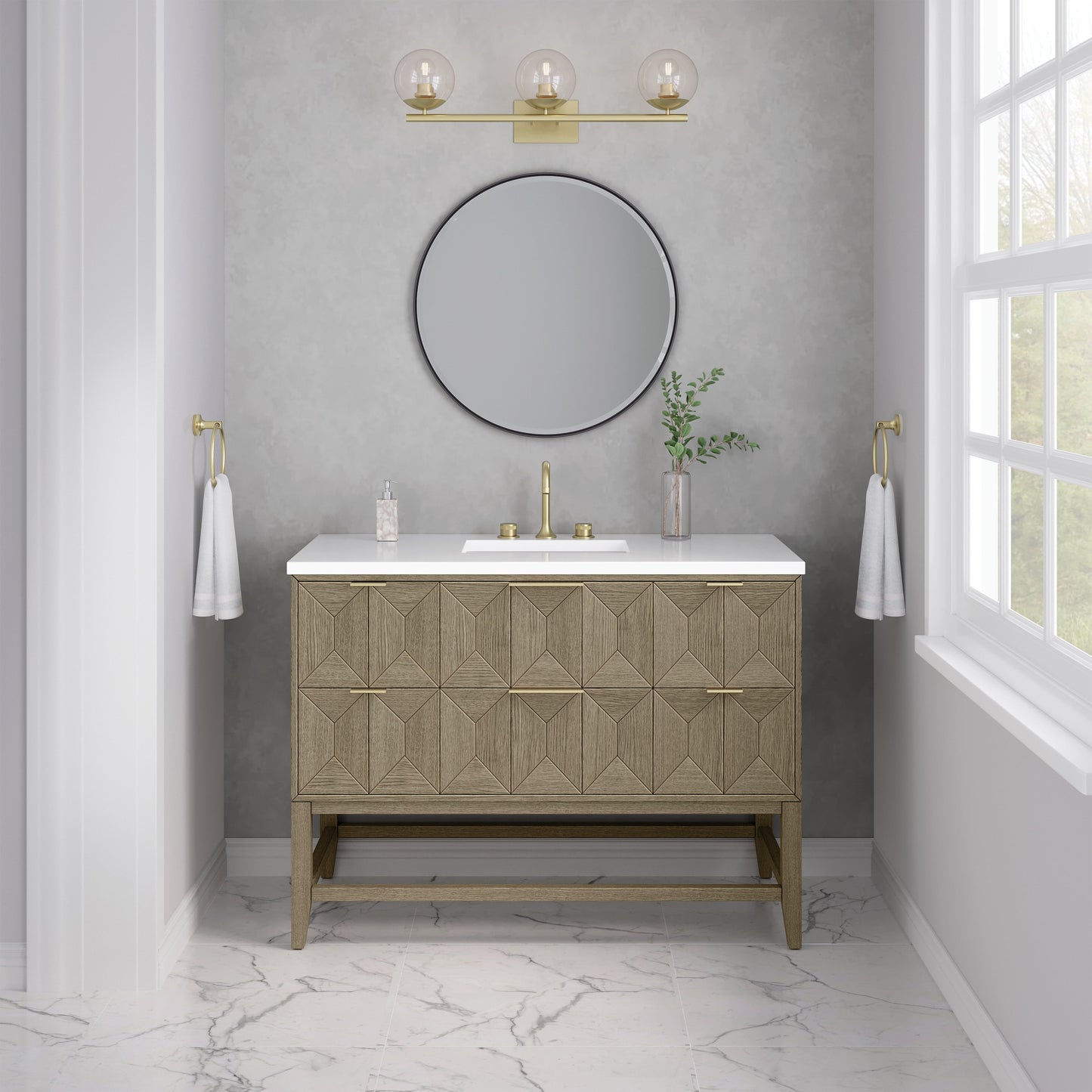 James Martin Vanities Emmeline 48" Pebble Oak Single Vanity With 3 cm White Zeus Quartz Top