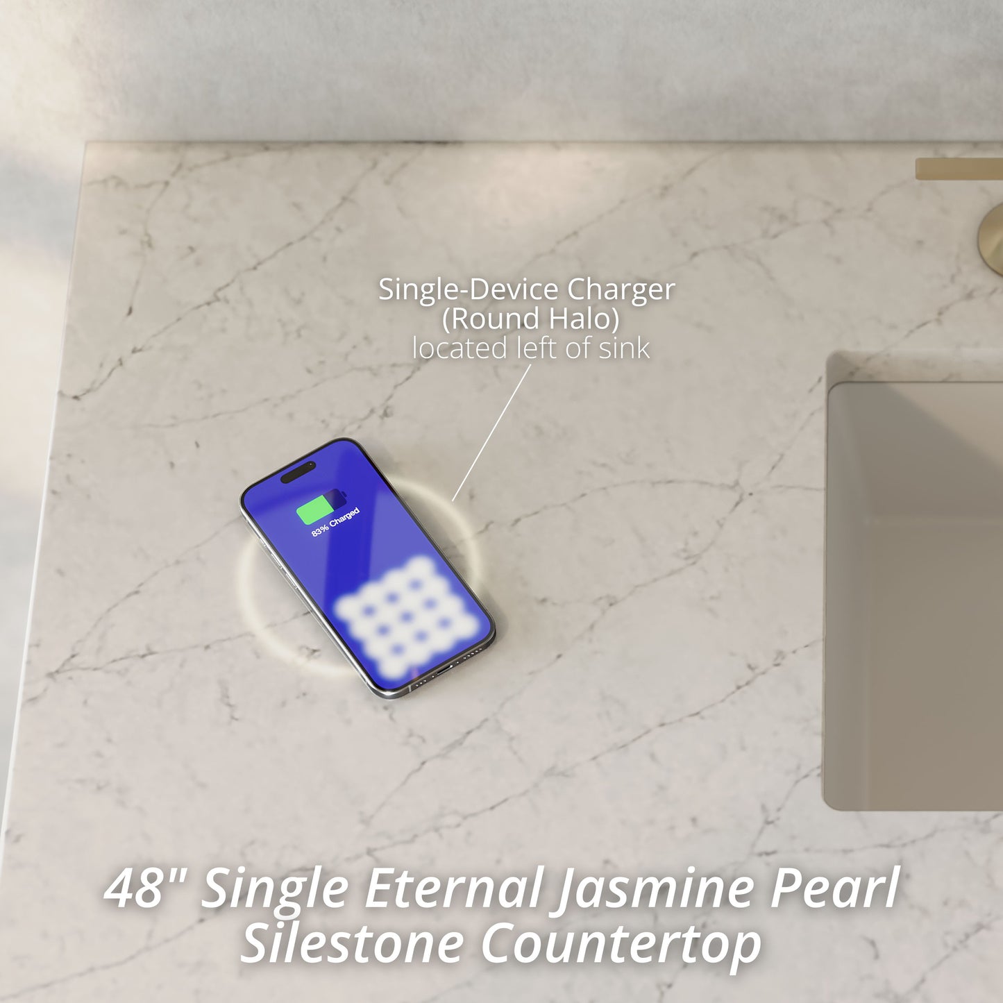 James Martin Vanities Emmeline 48" Pebble Oak Single Vanity With 3cm Eternal Jasmine Pearl Silestone Top With FreePower Wireless Charger