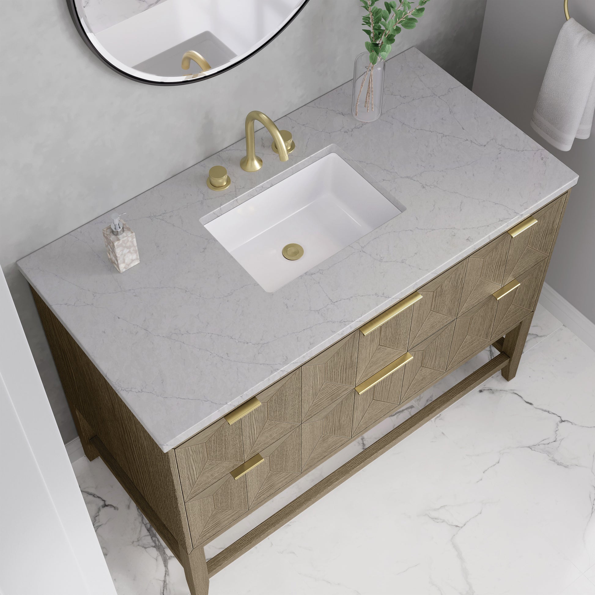 James Martin Vanities Emmeline 48" Pebble Oak Single Vanity With 3cm Eternal Jasmine Pearl Silestone Top With FreePower Wireless Charger