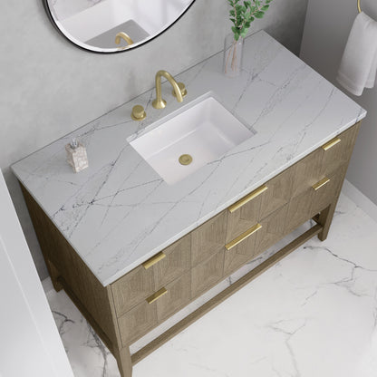 James Martin Vanities Emmeline 48" Pebble Oak Single Vanity With 3cm Ethereal Noctis Silestone Top With FreePower Wireless Charger