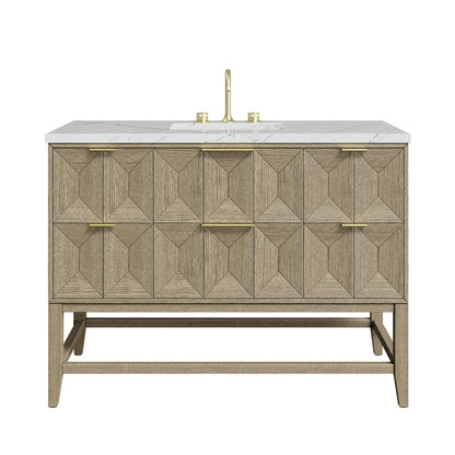 James Martin Vanities Emmeline 48" Pebble Oak Single Vanity With 3cm Ethereal Noctis Silestone Top With FreePower Wireless Charger