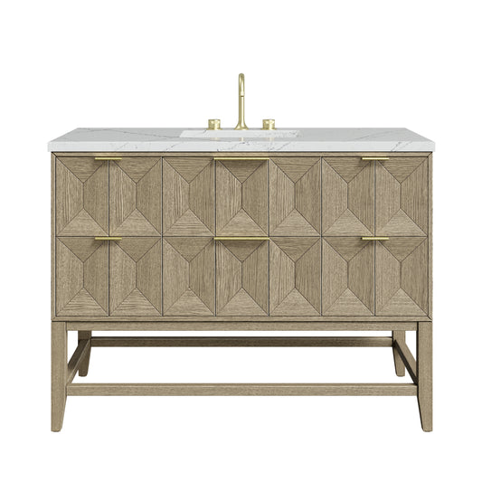 James Martin Vanities Emmeline 48" Pebble Oak Single Vanity With 3cm Ethereal Noctis Silestone Top With FreePower Wireless Charger