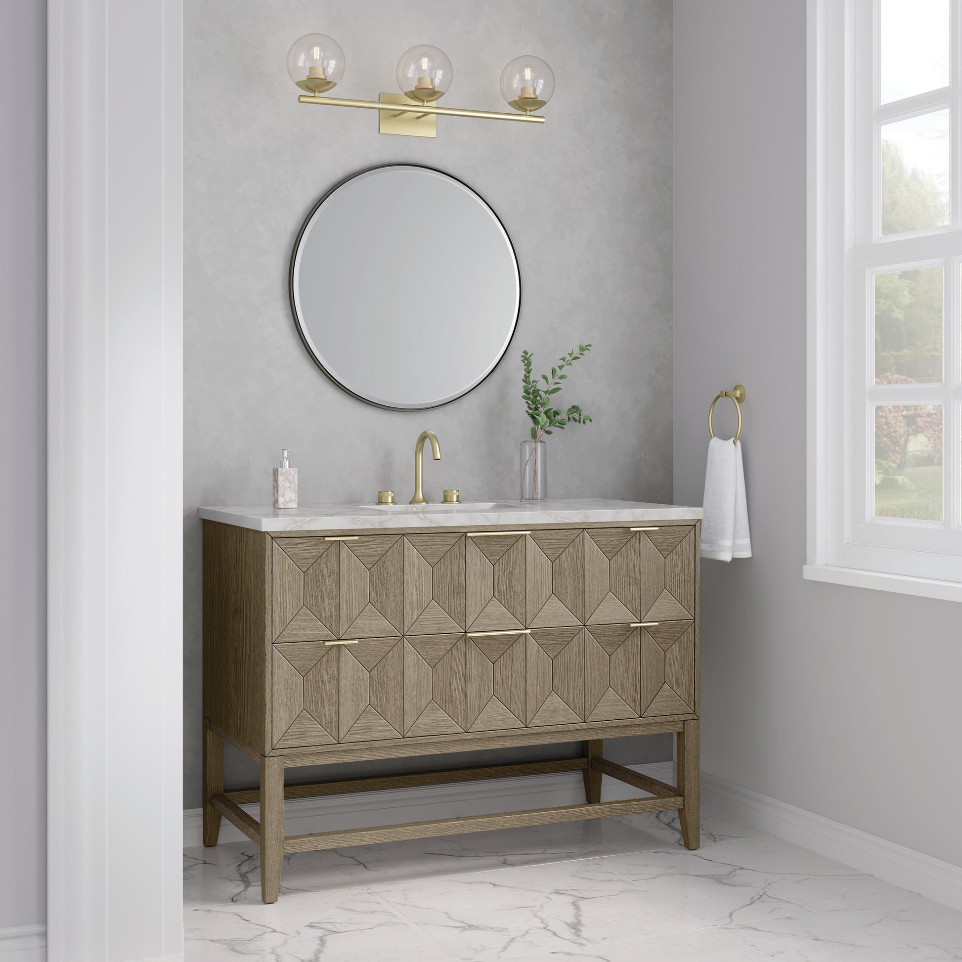 James Martin Vanities Emmeline 48" Pebble Oak Single Vanity With 3cm Victorian Silver Silestone Top With FreePower Wireless Charger