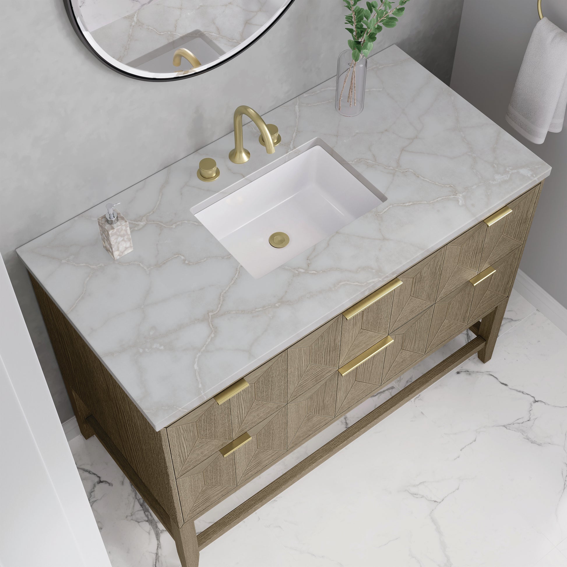 James Martin Vanities Emmeline 48" Pebble Oak Single Vanity With 3cm Victorian Silver Silestone Top With FreePower Wireless Charger
