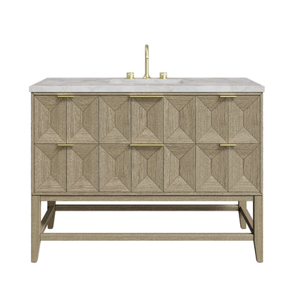 James Martin Vanities Emmeline 48" Pebble Oak Single Vanity With 3cm Victorian Silver Silestone Top With FreePower Wireless Charger