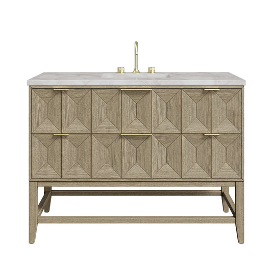 James Martin Vanities Emmeline 48" Pebble Oak Single Vanity With 3cm Victorian Silver Silestone Top With FreePower Wireless Charger