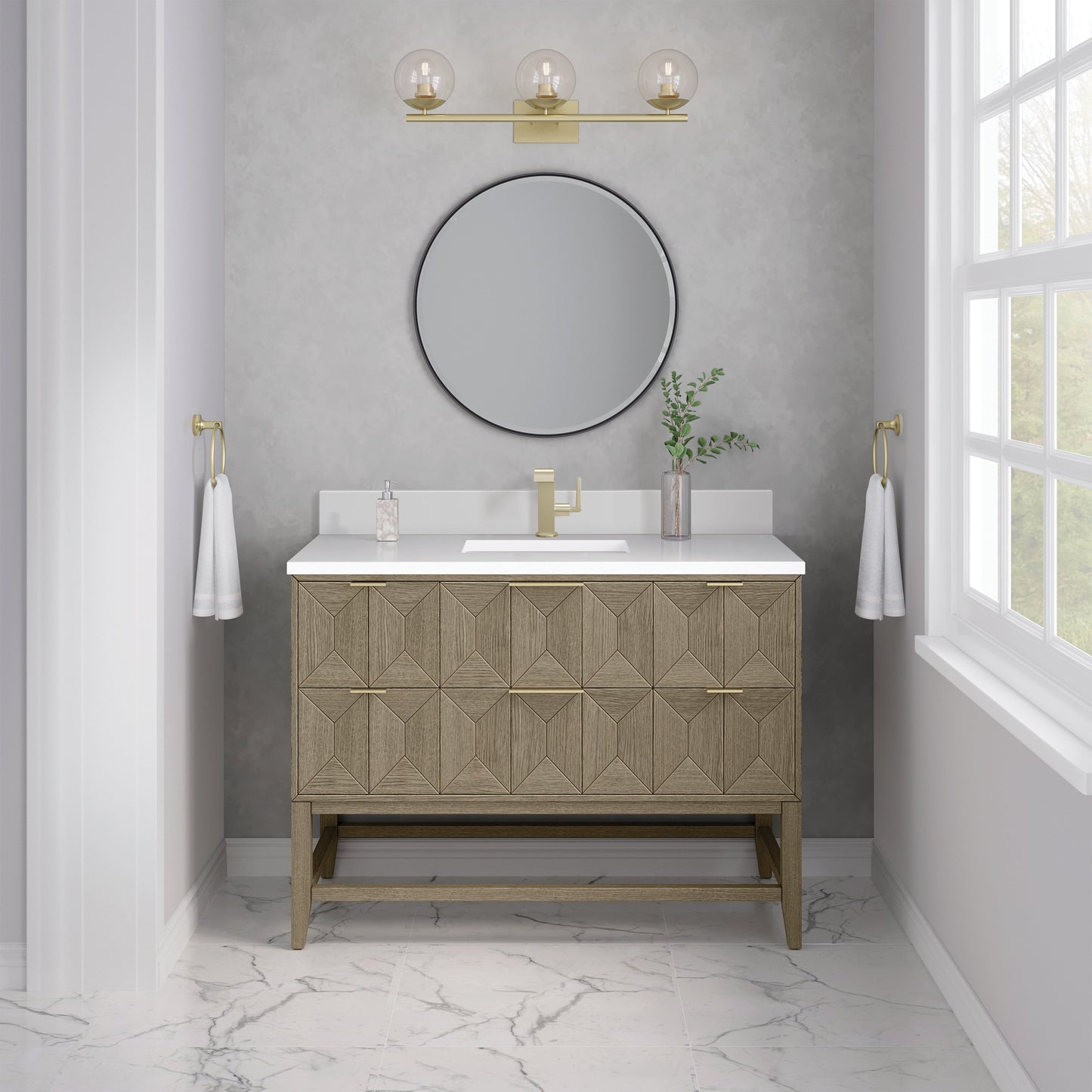 James Martin Vanities Emmeline 48" Pebble Oak Single Vanity With Single Hole 3 cm White Zeus Quartz Top & Backsplash