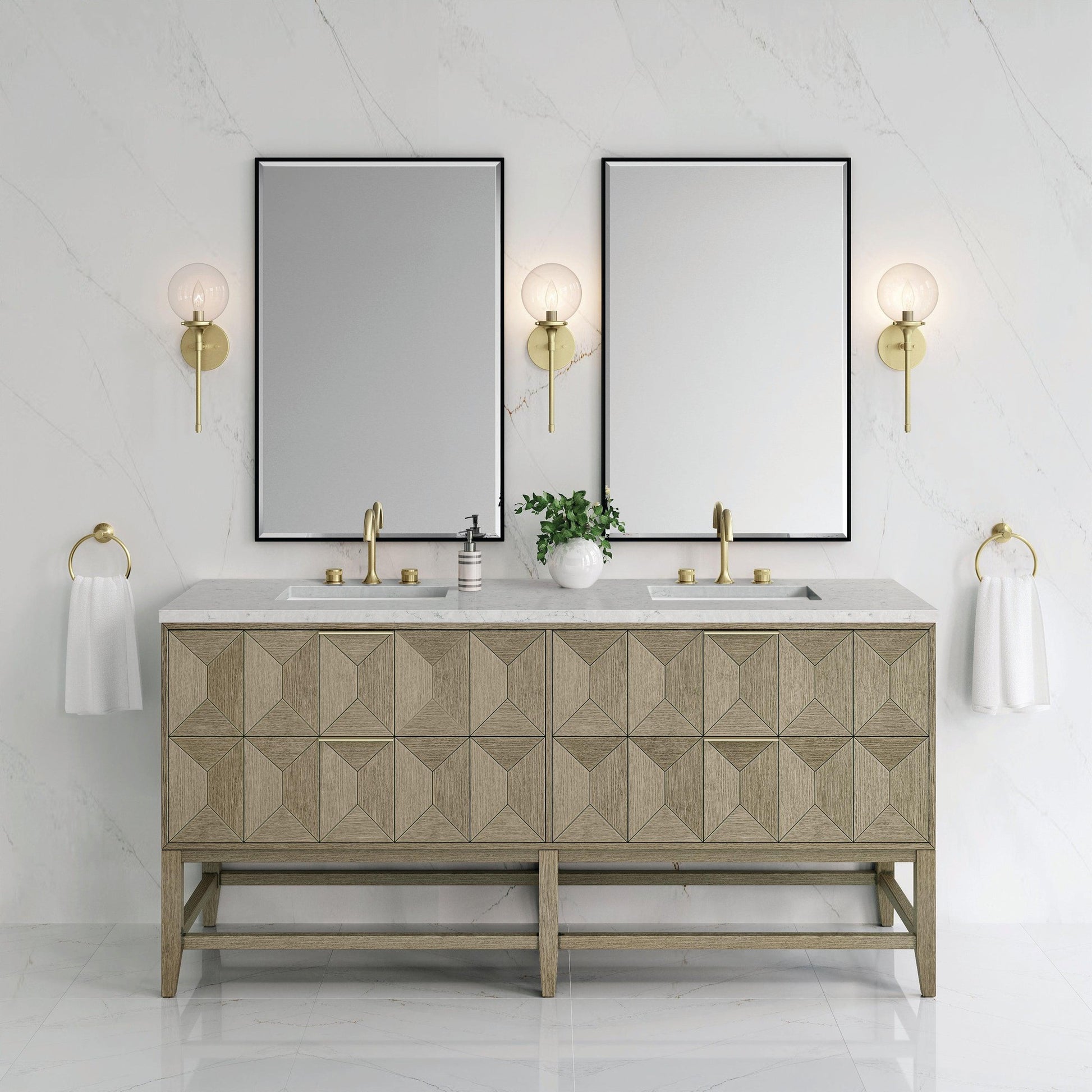 James Martin Vanities Emmeline 72" Pebble Oak Double Vanity With 3 cm Eternal Jasmine Pearl Top