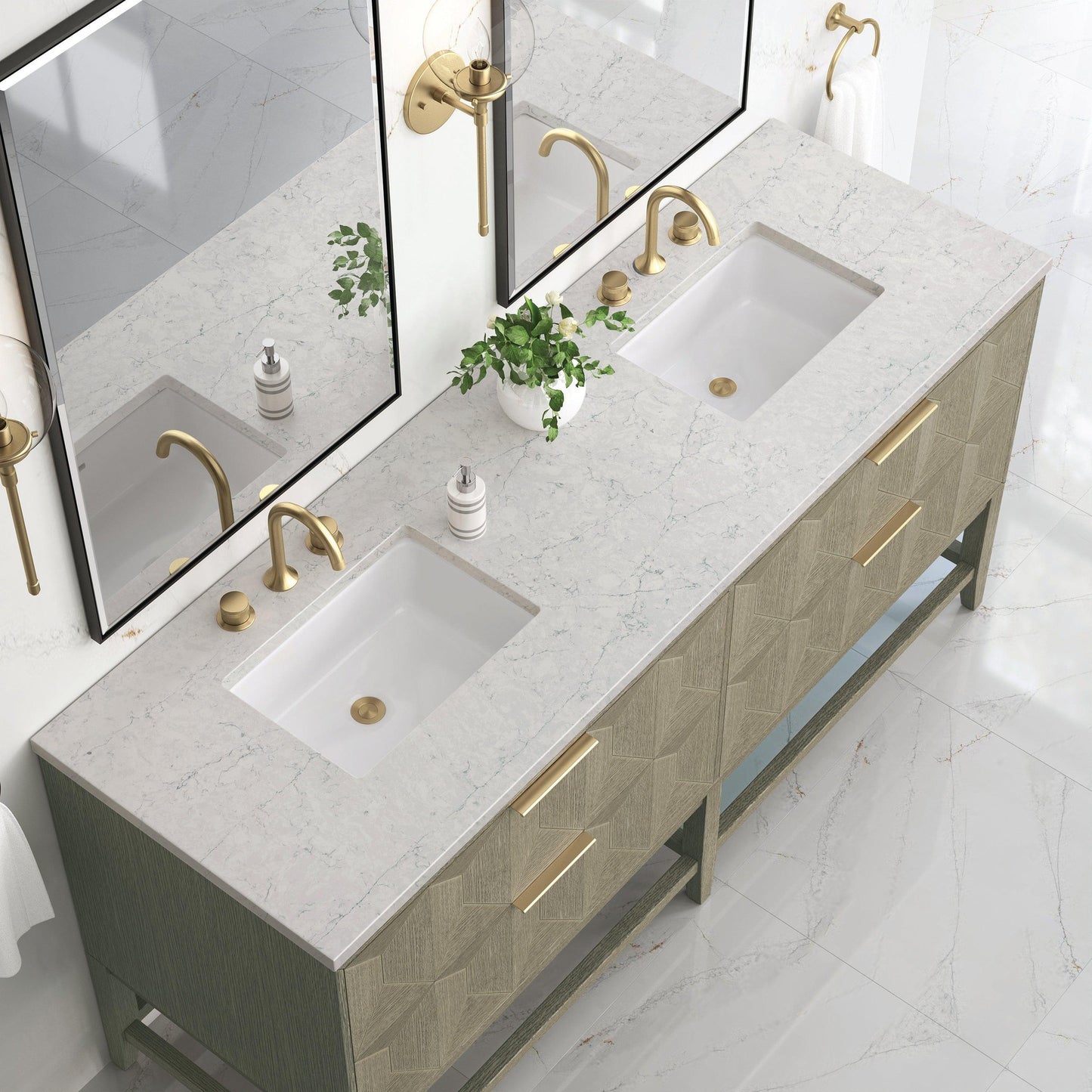 James Martin Vanities Emmeline 72" Pebble Oak Double Vanity With 3 cm Eternal Jasmine Pearl Top