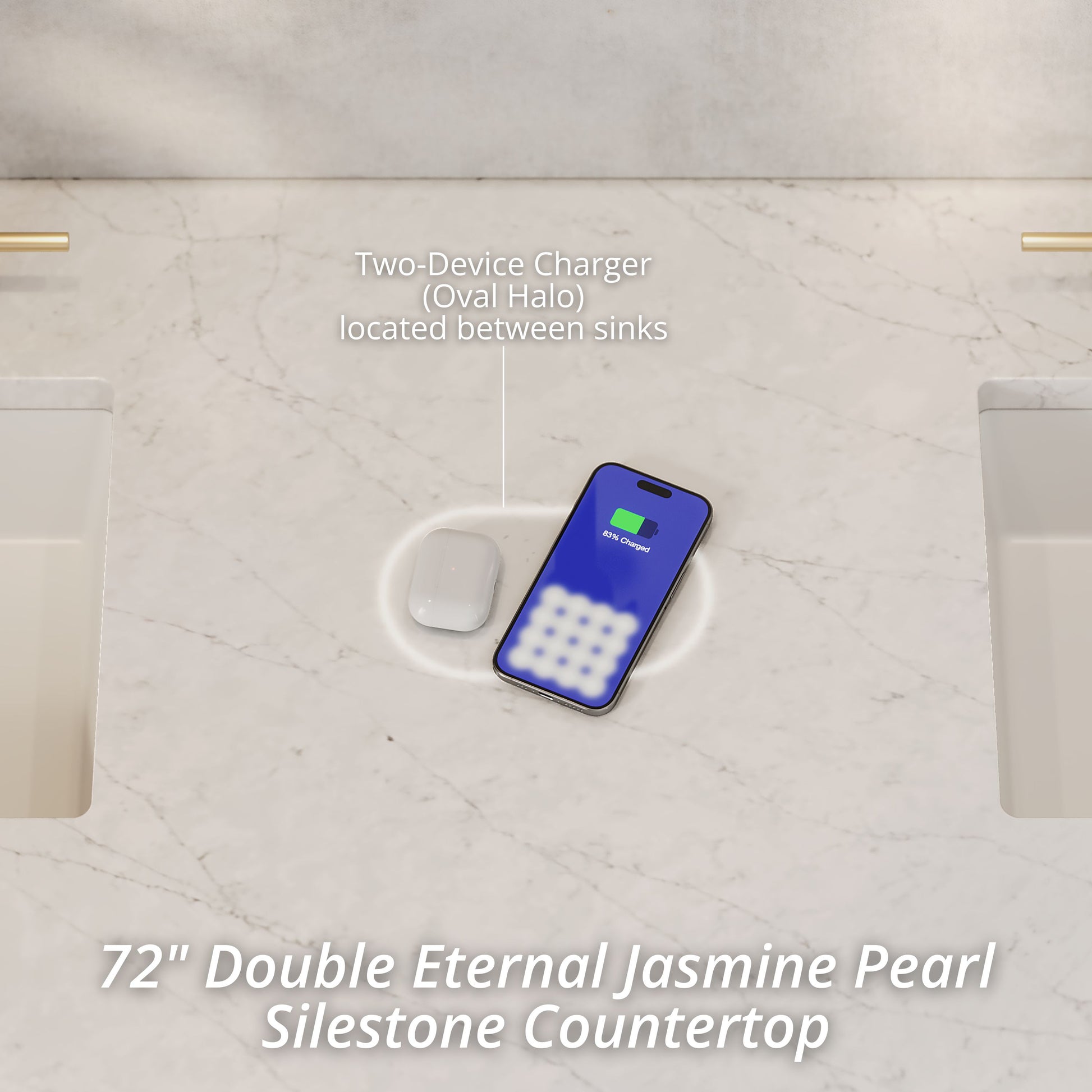 James Martin Vanities Emmeline 72" Pebble Oak Double Vanity With 3 cm Eternal Jasmine Pearl Top and FreePower Wireless Charger