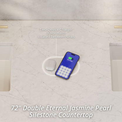 James Martin Vanities Emmeline 72" Pebble Oak Double Vanity With 3 cm Eternal Jasmine Pearl Top and FreePower Wireless Charger
