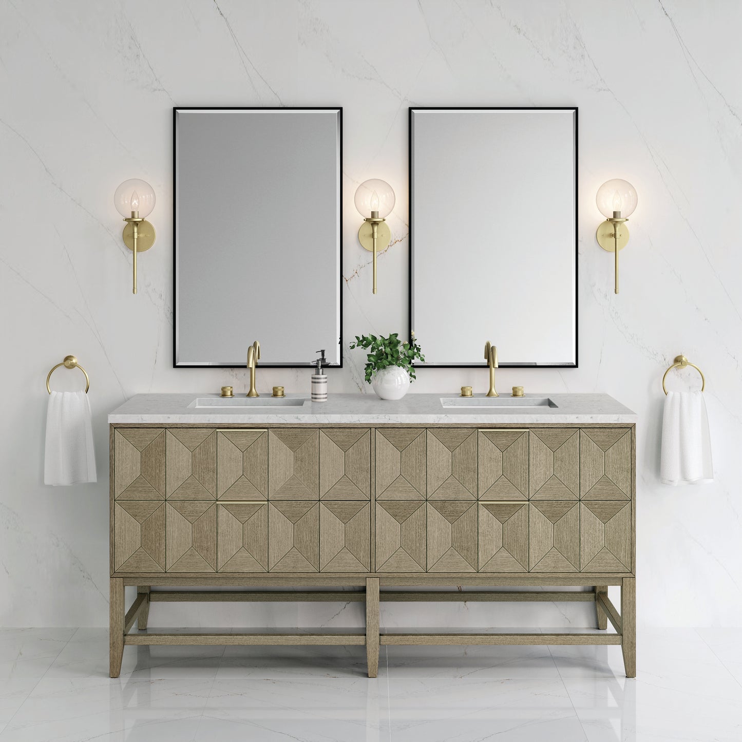 James Martin Vanities Emmeline 72" Pebble Oak Double Vanity With 3 cm Eternal Jasmine Pearl Top and FreePower Wireless Charger