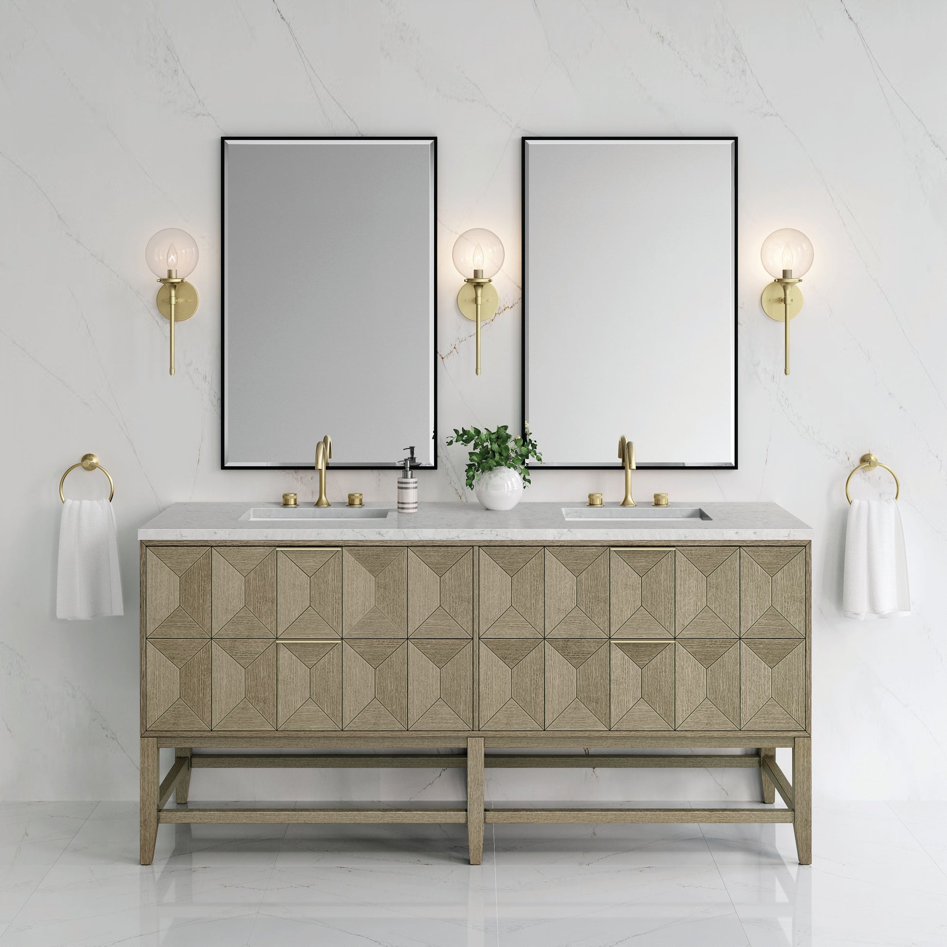 James Martin Vanities Emmeline 72" Pebble Oak Double Vanity With 3 cm Eternal Jasmine Pearl Top and FreePower Wireless Charger
