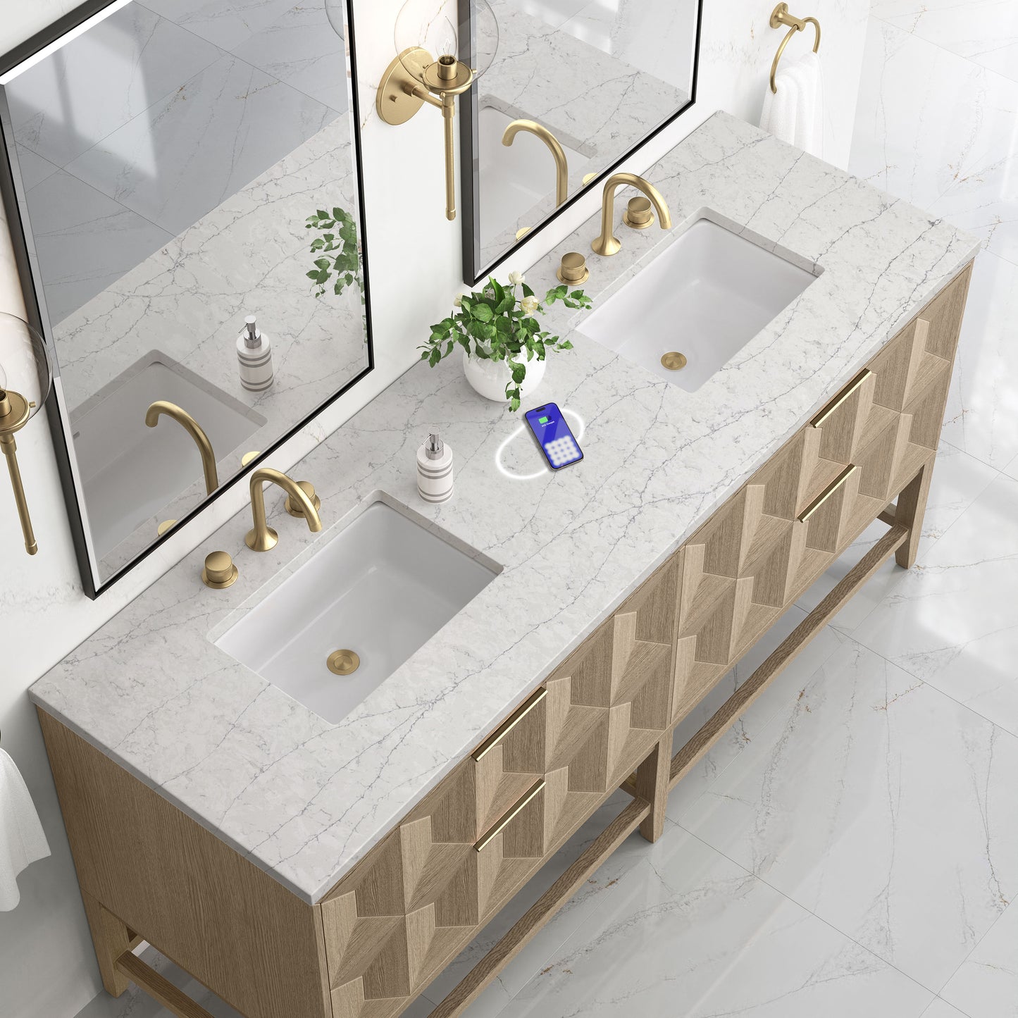 James Martin Vanities Emmeline 72" Pebble Oak Double Vanity With 3 cm Eternal Jasmine Pearl Top and FreePower Wireless Charger