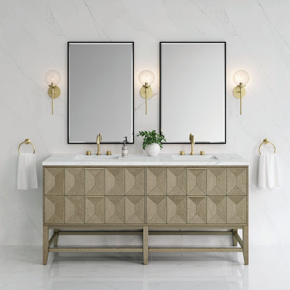 James Martin Vanities Emmeline 72" Pebble Oak Double Vanity With 3 cm Ethereal Noctis Top and FreePower Wireless Charger