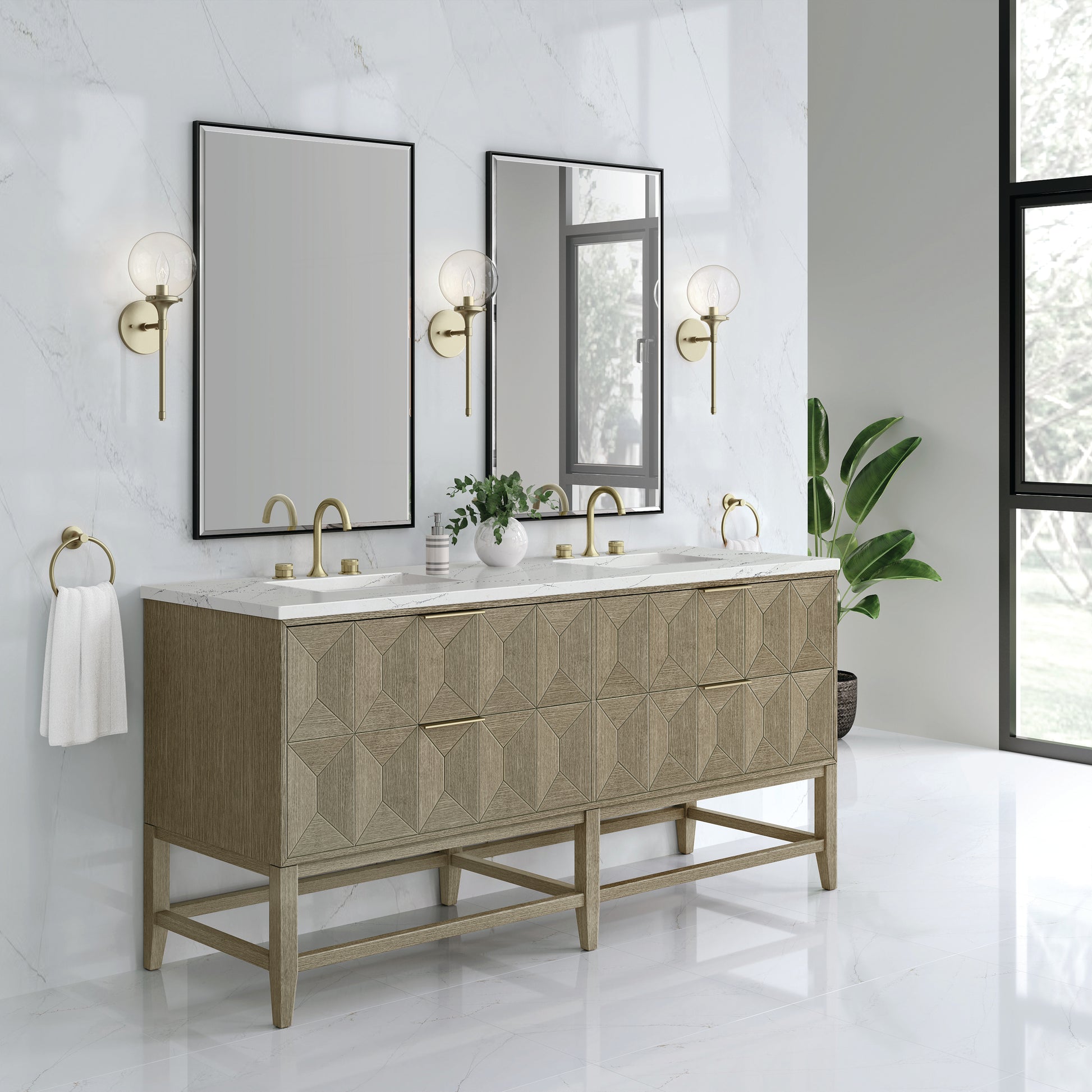 James Martin Vanities Emmeline 72" Pebble Oak Double Vanity With 3 cm Ethereal Noctis Top and FreePower Wireless Charger
