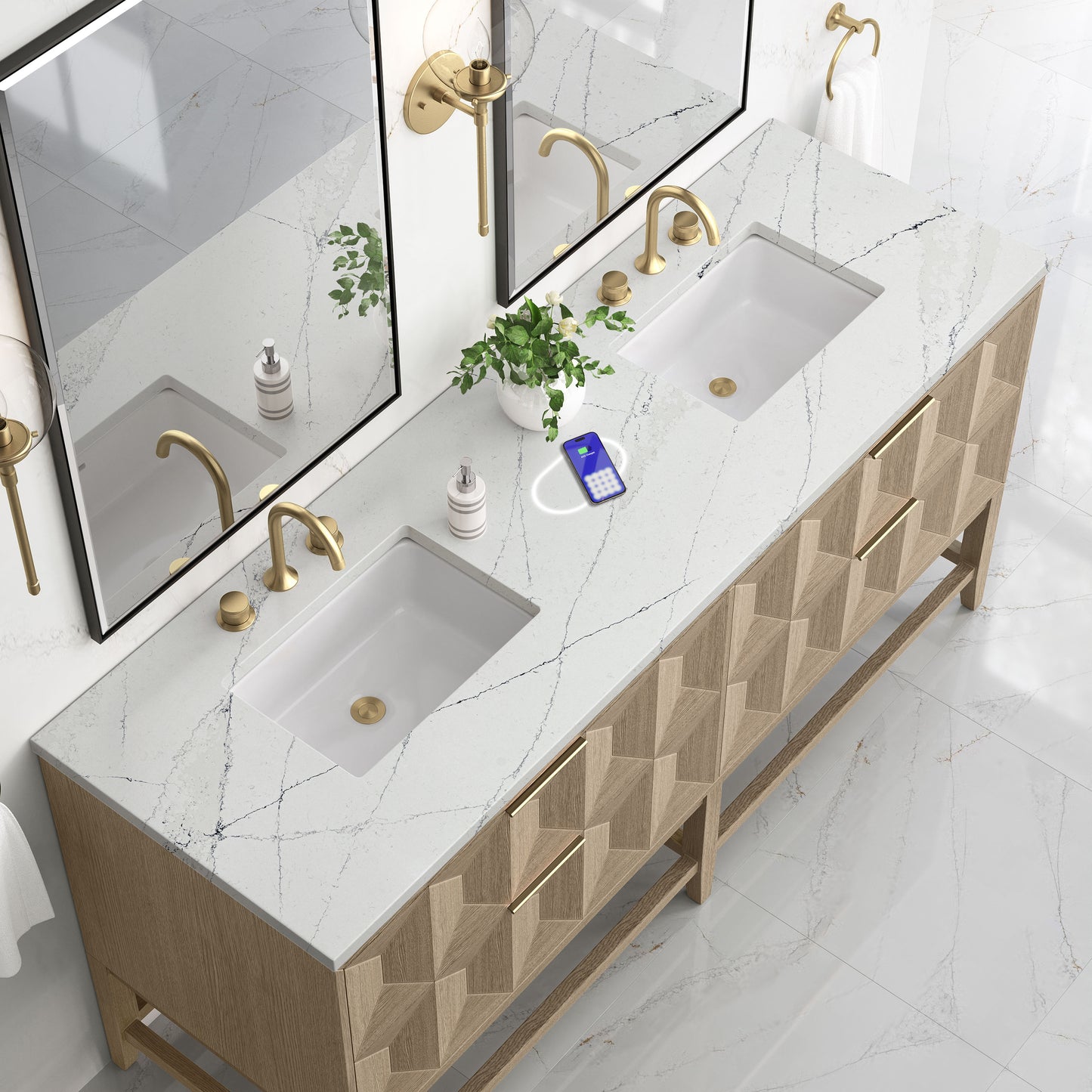 James Martin Vanities Emmeline 72" Pebble Oak Double Vanity With 3 cm Ethereal Noctis Top and FreePower Wireless Charger