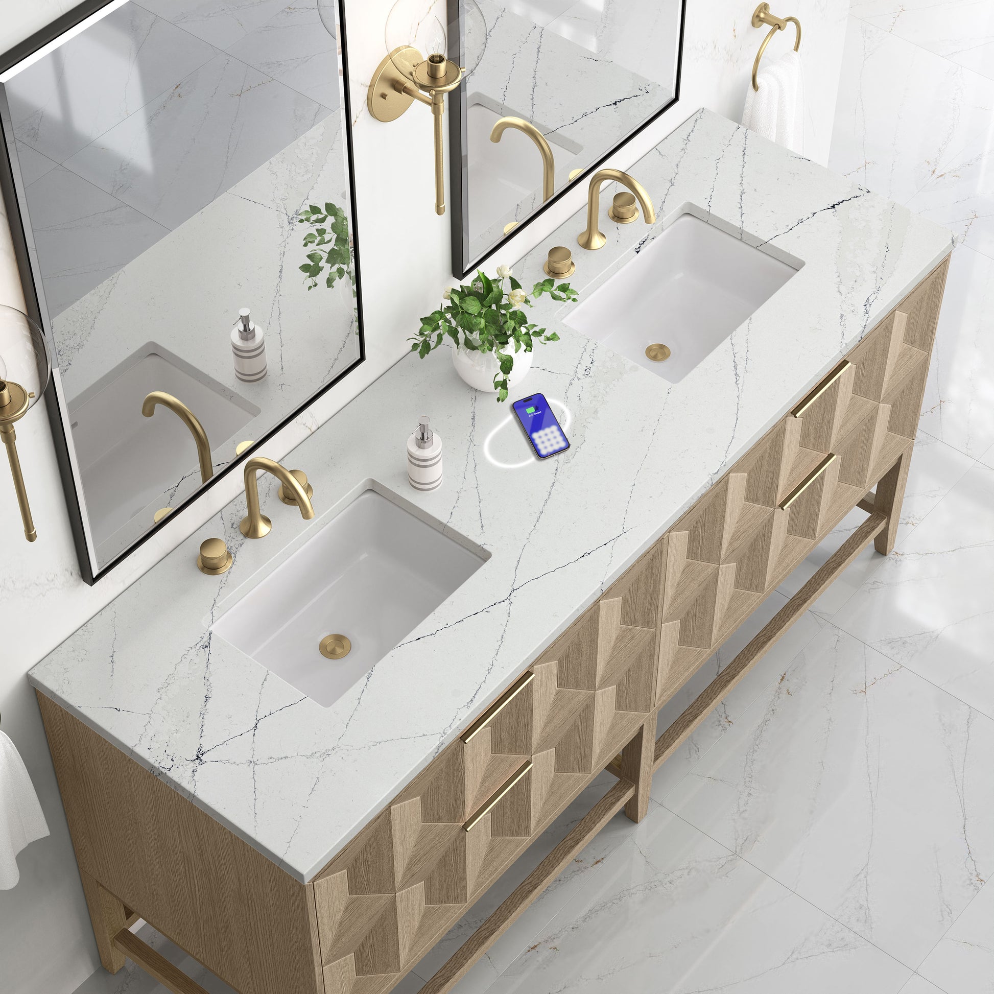 James Martin Vanities Emmeline 72" Pebble Oak Double Vanity With 3 cm Ethereal Noctis Top and FreePower Wireless Charger