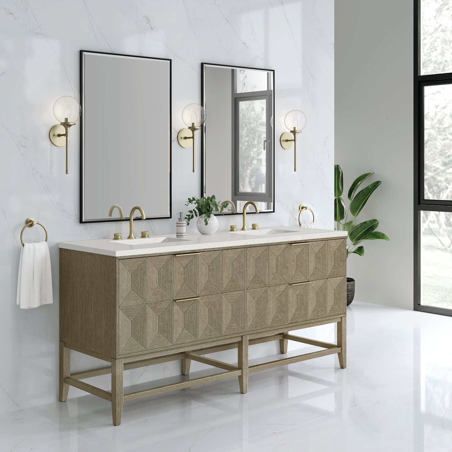 James Martin Vanities Emmeline 72" Pebble Oak Double Vanity With 3 cm Lime Delight Top