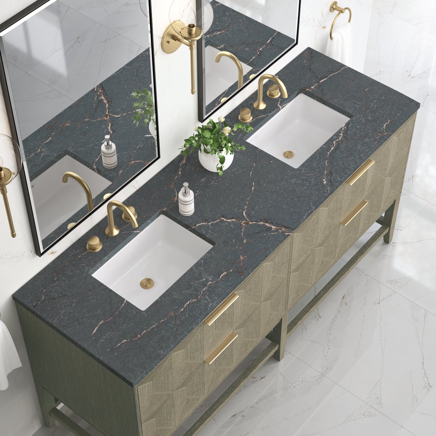 James Martin Vanities Emmeline 72" Pebble Oak Double Vanity With 3 cm Parisien Bleu Top