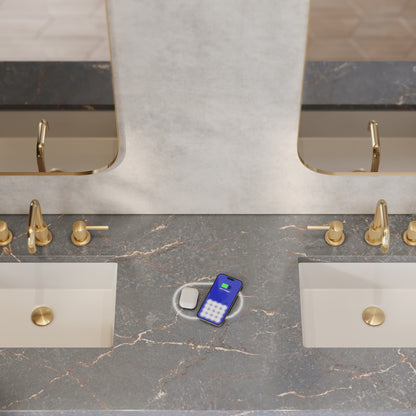 James Martin Vanities Emmeline 72" Pebble Oak Double Vanity With 3 cm Parisien Bleu Top and FreePower Wireless Charger