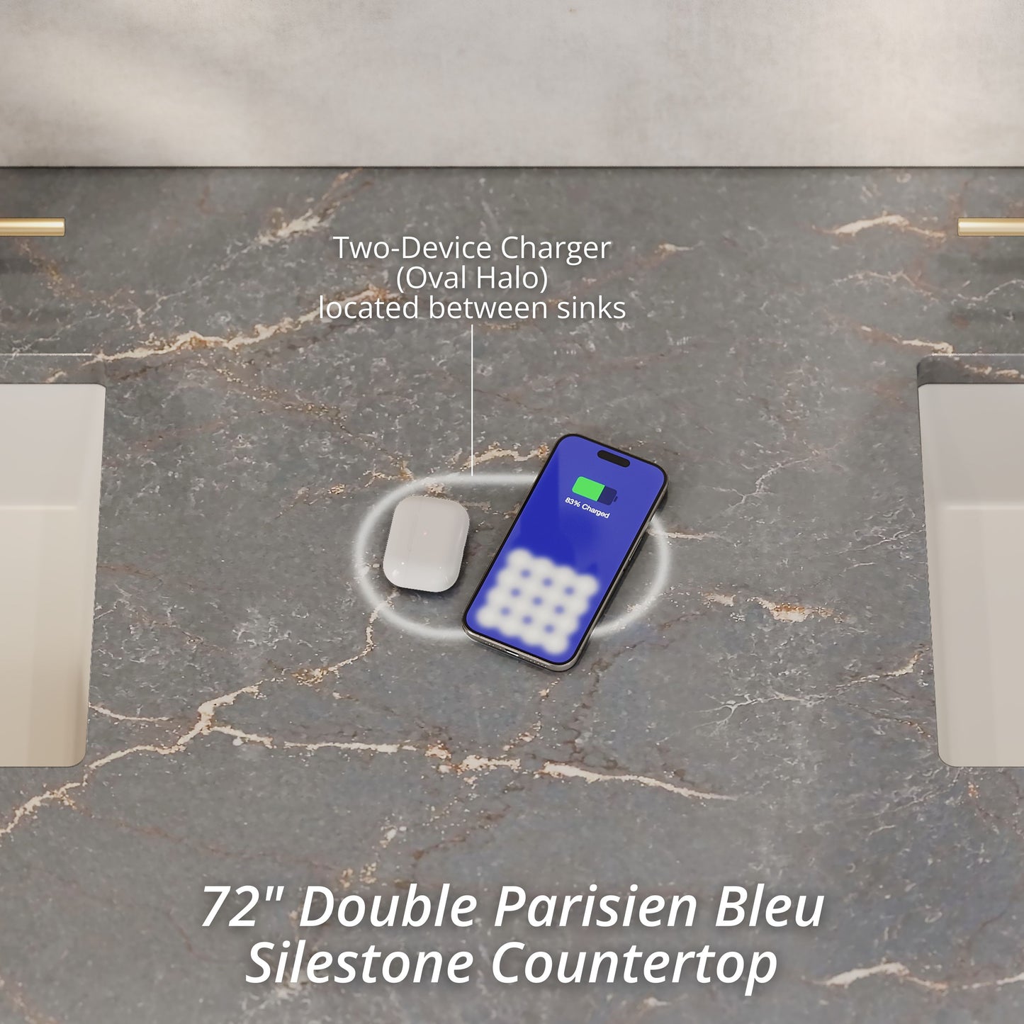 James Martin Vanities Emmeline 72" Pebble Oak Double Vanity With 3 cm Parisien Bleu Top and FreePower Wireless Charger