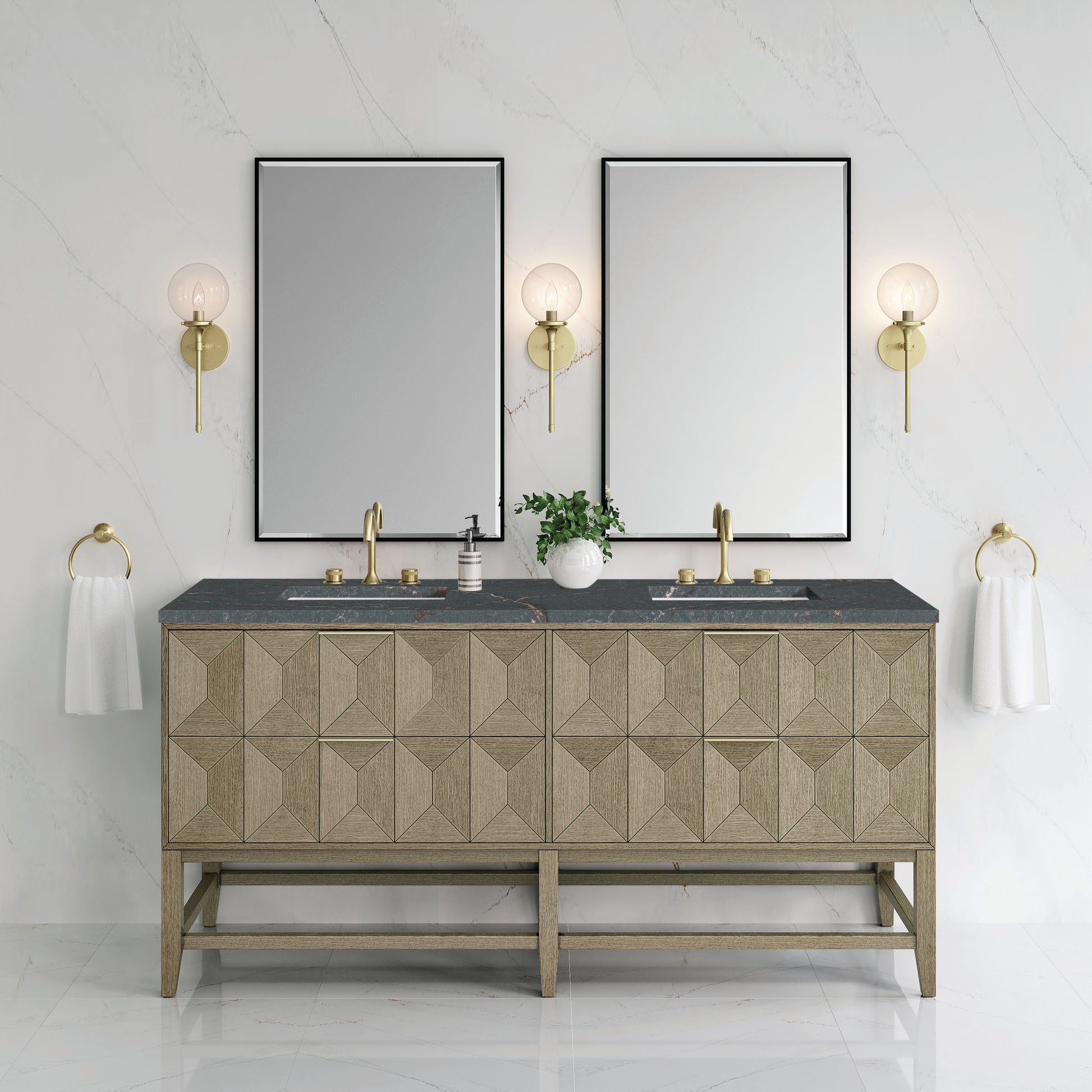 James Martin Vanities Emmeline 72" Pebble Oak Double Vanity With 3 cm Parisien Bleu Top and FreePower Wireless Charger