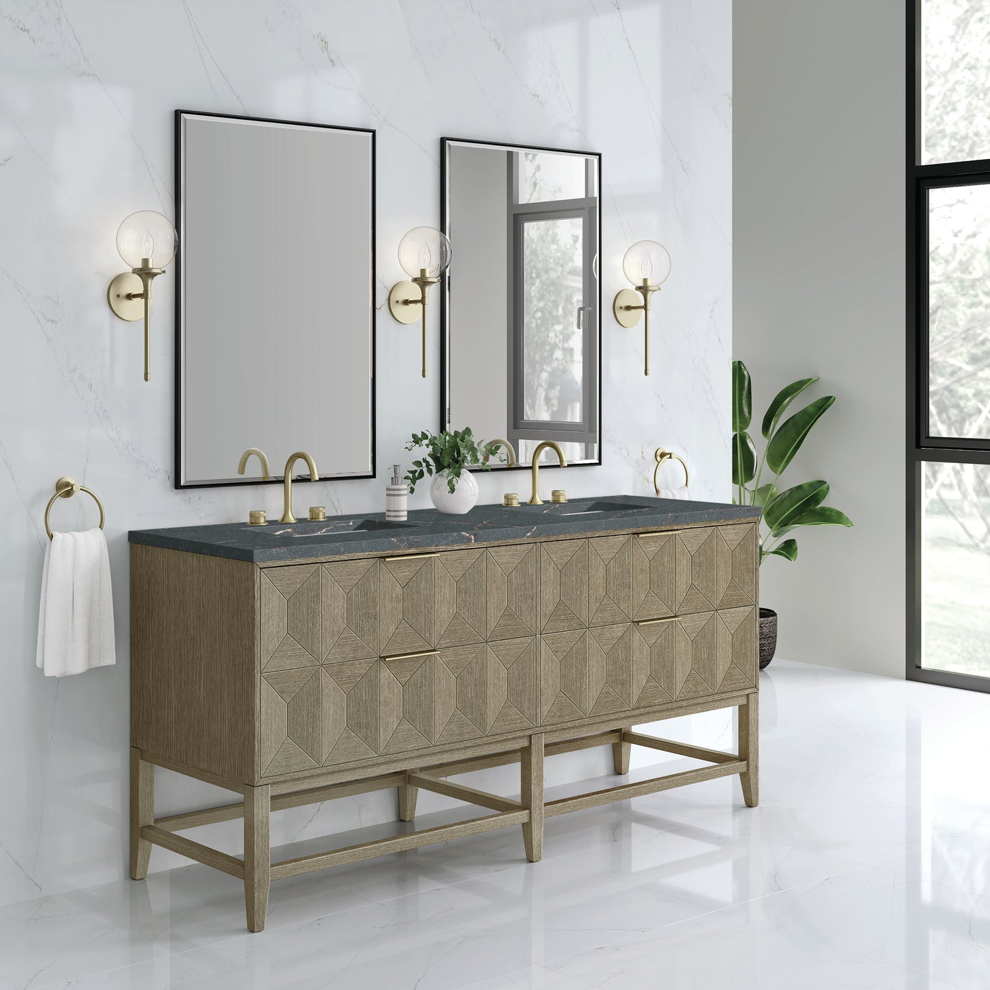 James Martin Vanities Emmeline 72" Pebble Oak Double Vanity With 3 cm Parisien Bleu Top and FreePower Wireless Charger