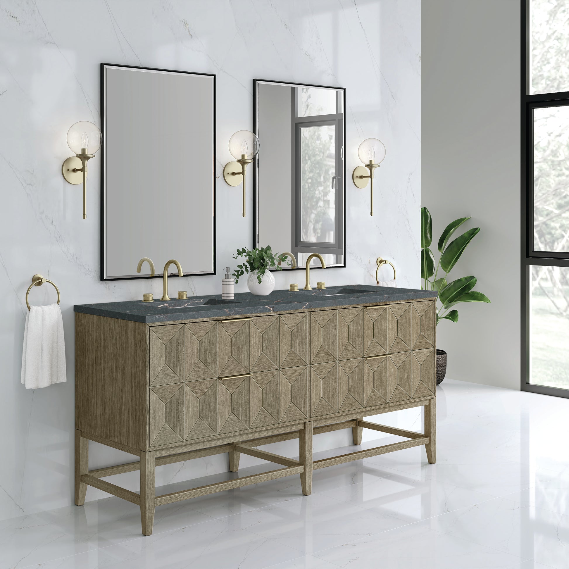 James Martin Vanities Emmeline 72" Pebble Oak Double Vanity With 3 cm Parisien Bleu Top and FreePower Wireless Charger