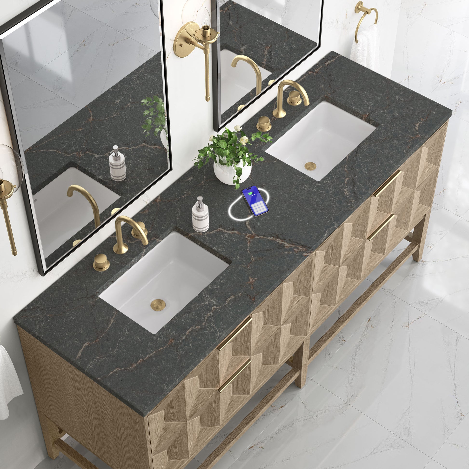James Martin Vanities Emmeline 72" Pebble Oak Double Vanity With 3 cm Parisien Bleu Top and FreePower Wireless Charger